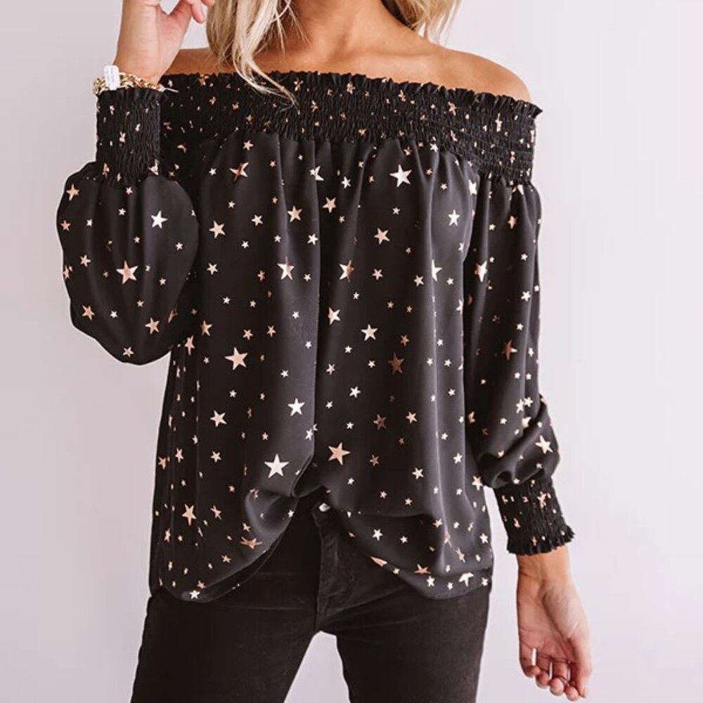 Adrienne brand Off /on shoulder Shift Top in Black with gold stars  NYE top!!!